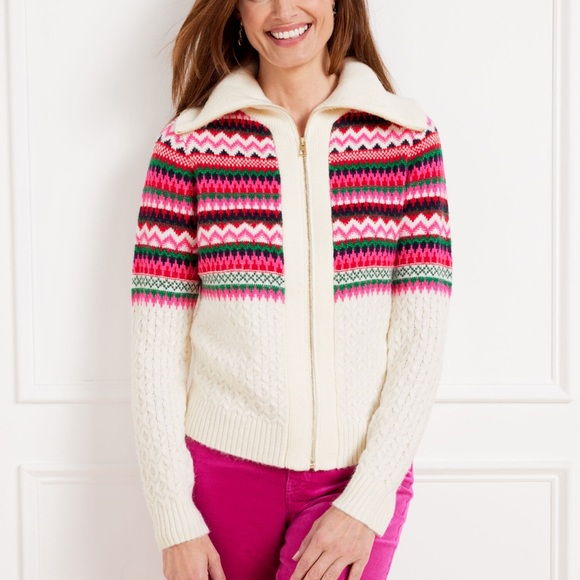 Talbots Sweaters - TALBOTS Joyful Fair Isle Cable Knit Soft Zip Up Sweater Jacket Top Size Medium
